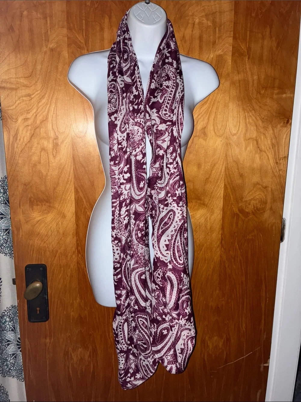 Simply Noelle Burgandy Maroon Red and White Paisley Shawl Scarf Wrap 37” X 70.5”